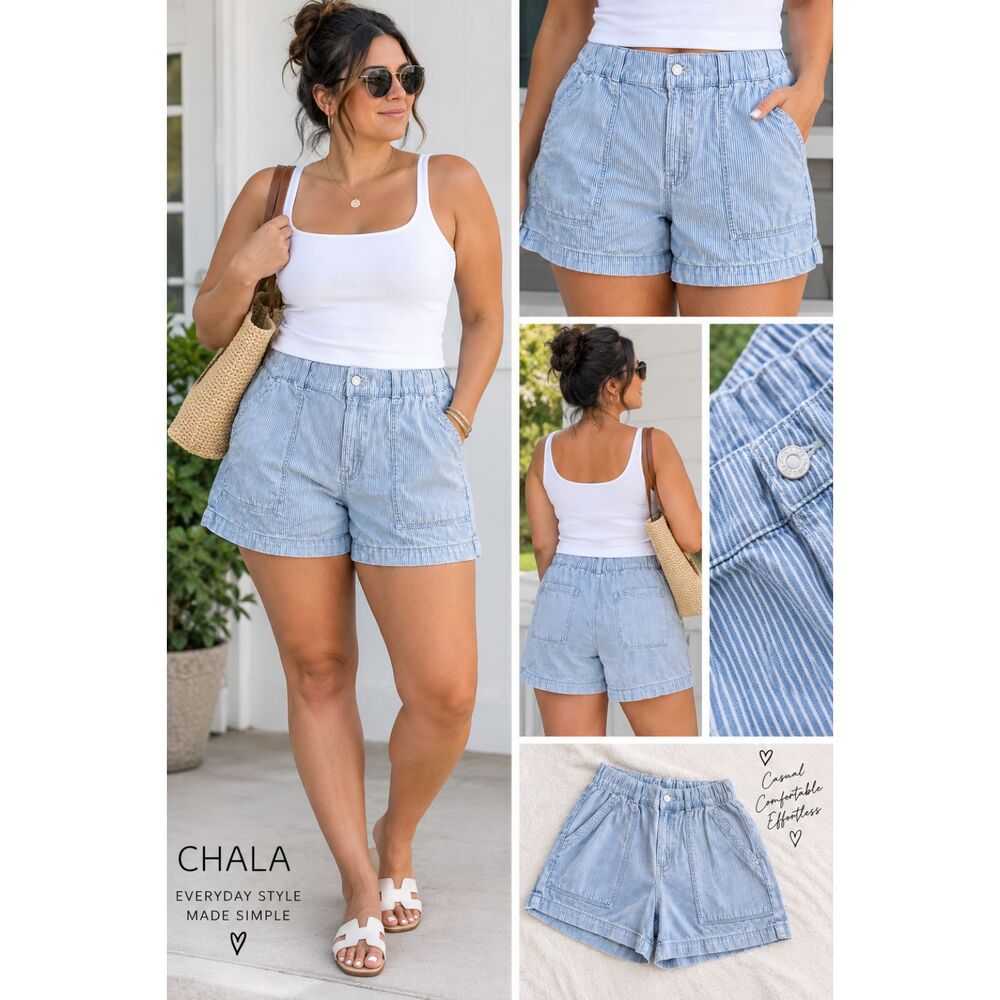 GAP Denim Size L Blue White Pinstripe Cargo Utility Shorts Cotton Patch Pockets